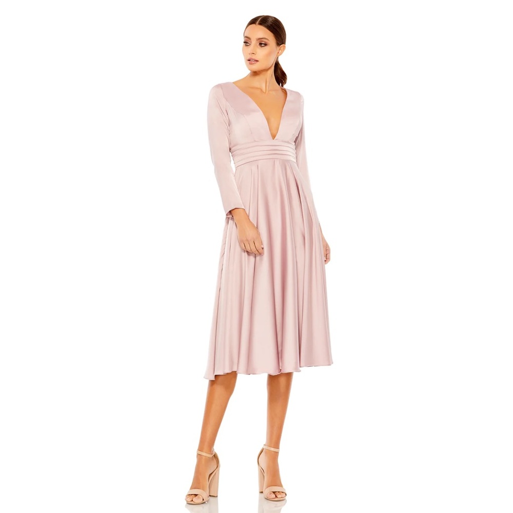 Mac Duggal Pink Satin Velvet Long Sleeve V-Neck‎ Midi Cocktail Formal Dress- NWT